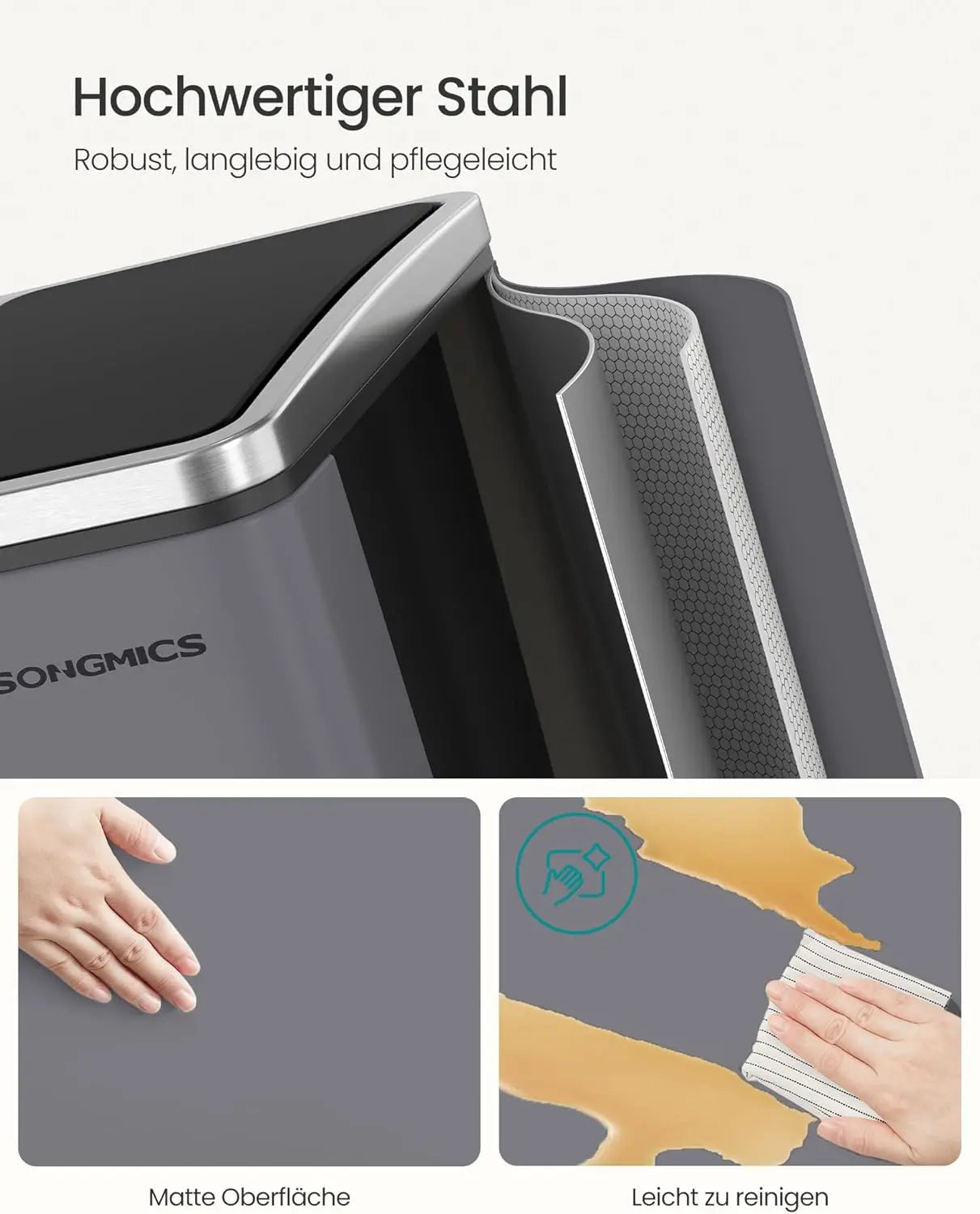 Treteimer 3-Fach 54L mattgrau Metall von Songmics