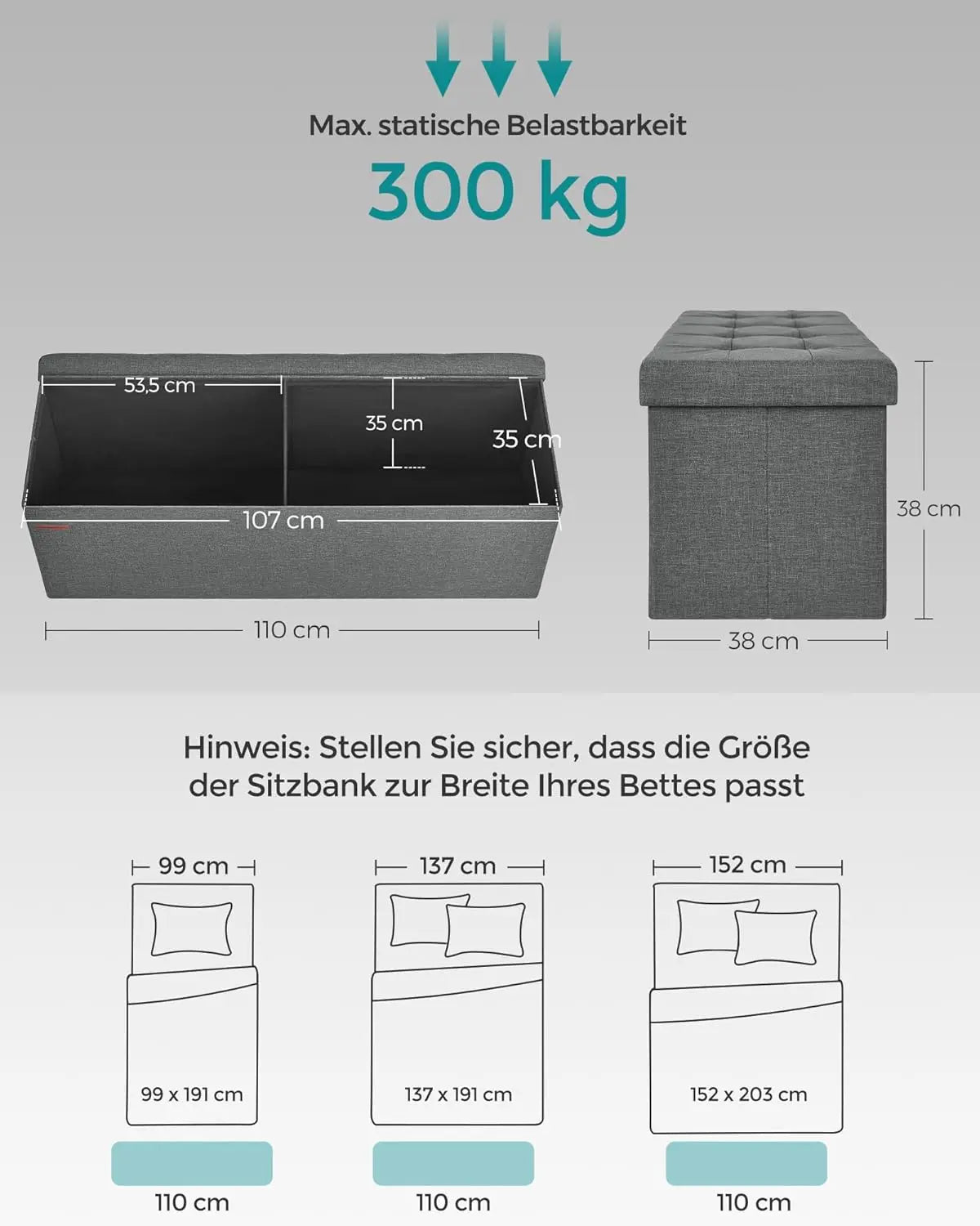 Sitzbank Stauraum Klappbar 300kg Belastbar Schiefergrau von Songmics