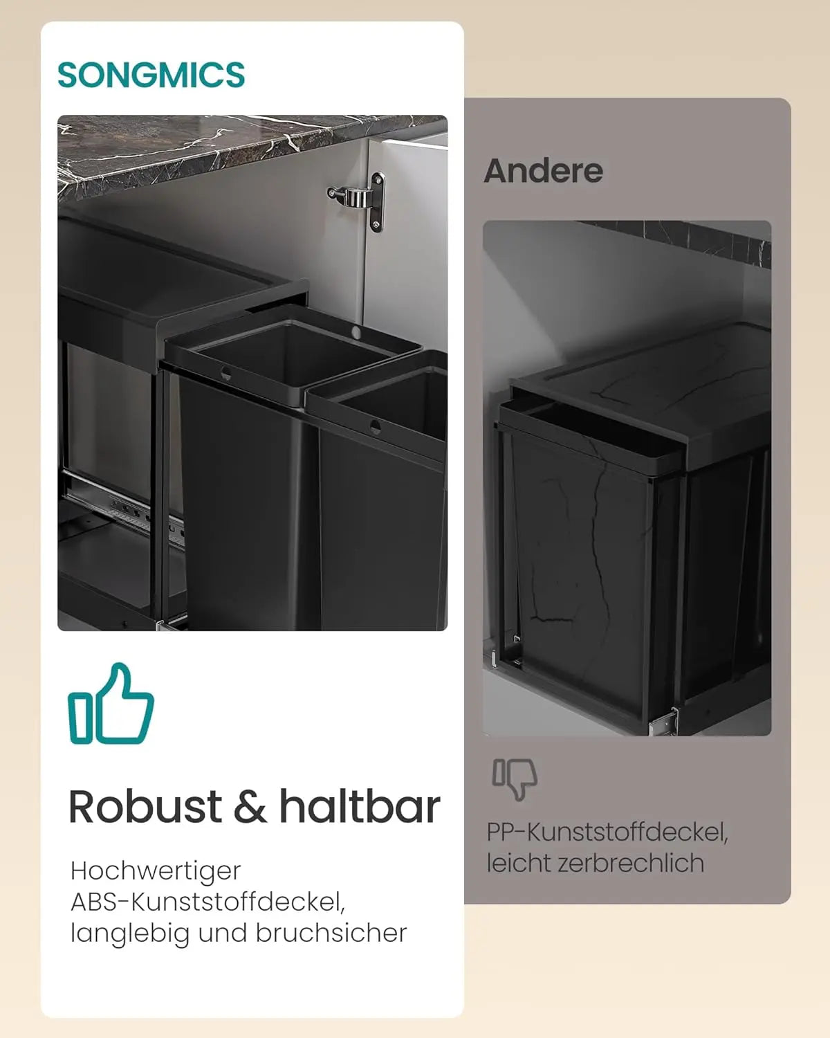 Mülltrennsystem ausziehbar 2x20L schwarz Stahl von Songmics
