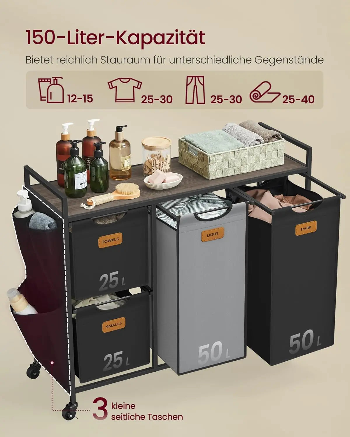Wäschekorb, Wäscheregal mit Rollen und Ablage kastanienbraun von Songmics