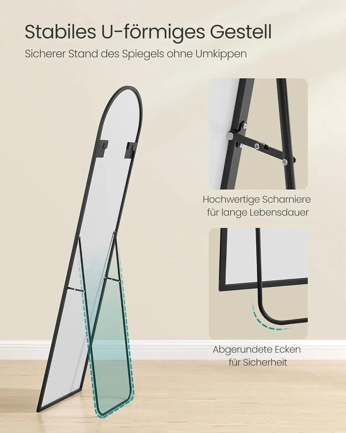 Standspiegel abgerundet 150x40cm Aluminium Schwarz von Songmics
