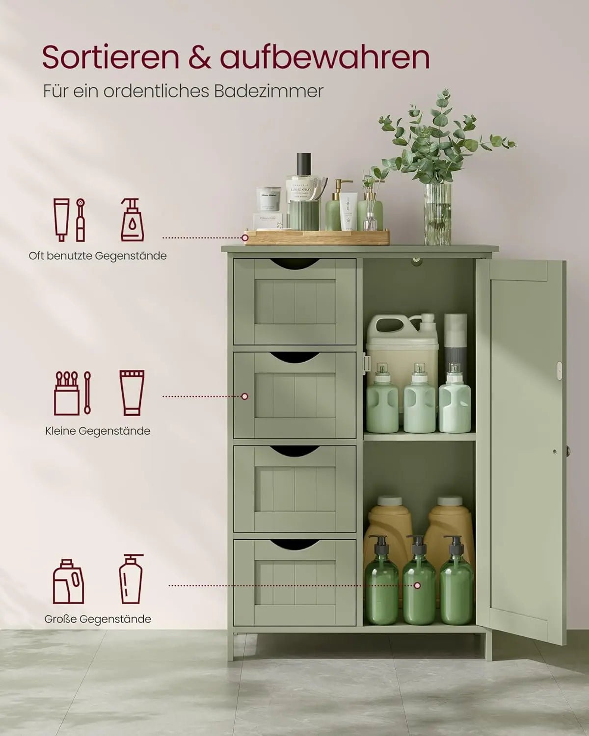 Badezimmerschrank schmal lorbeergrün 4 Schubladen von Songmics