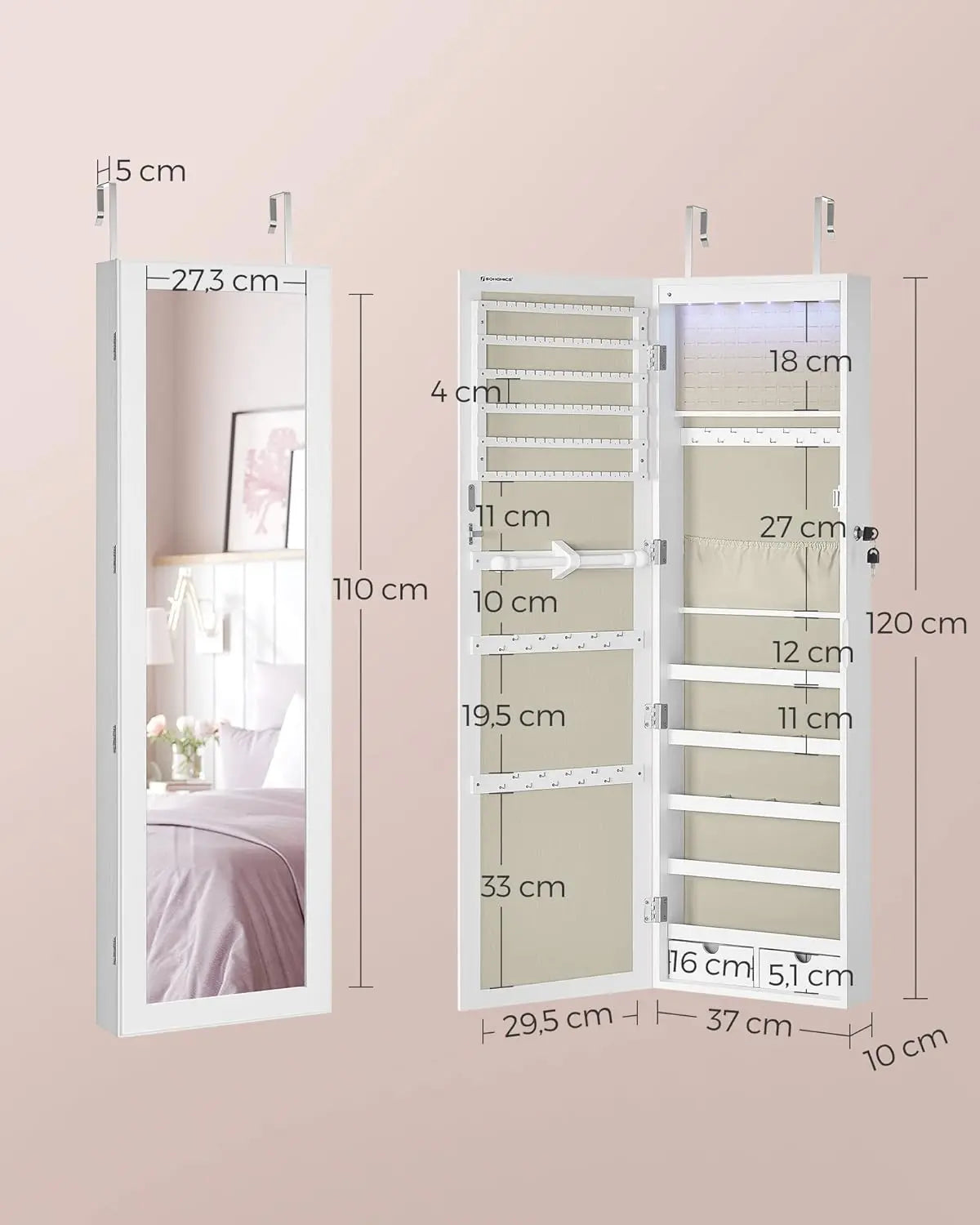 Schmuckschrank Wandmontage Spiegel Weiss Holz von Songmics