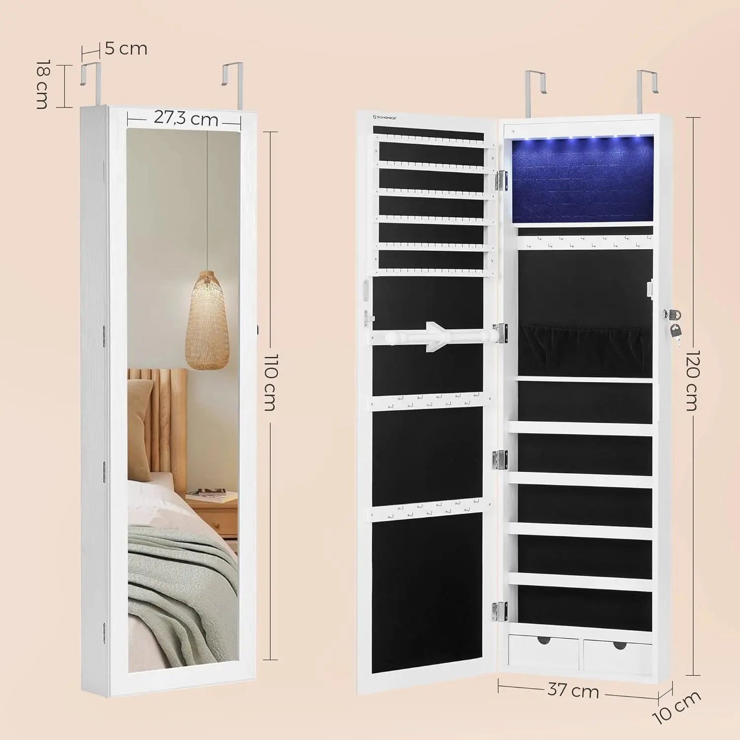 Schmuckschrank hängend LED weiss Holzmaserung von Songmics