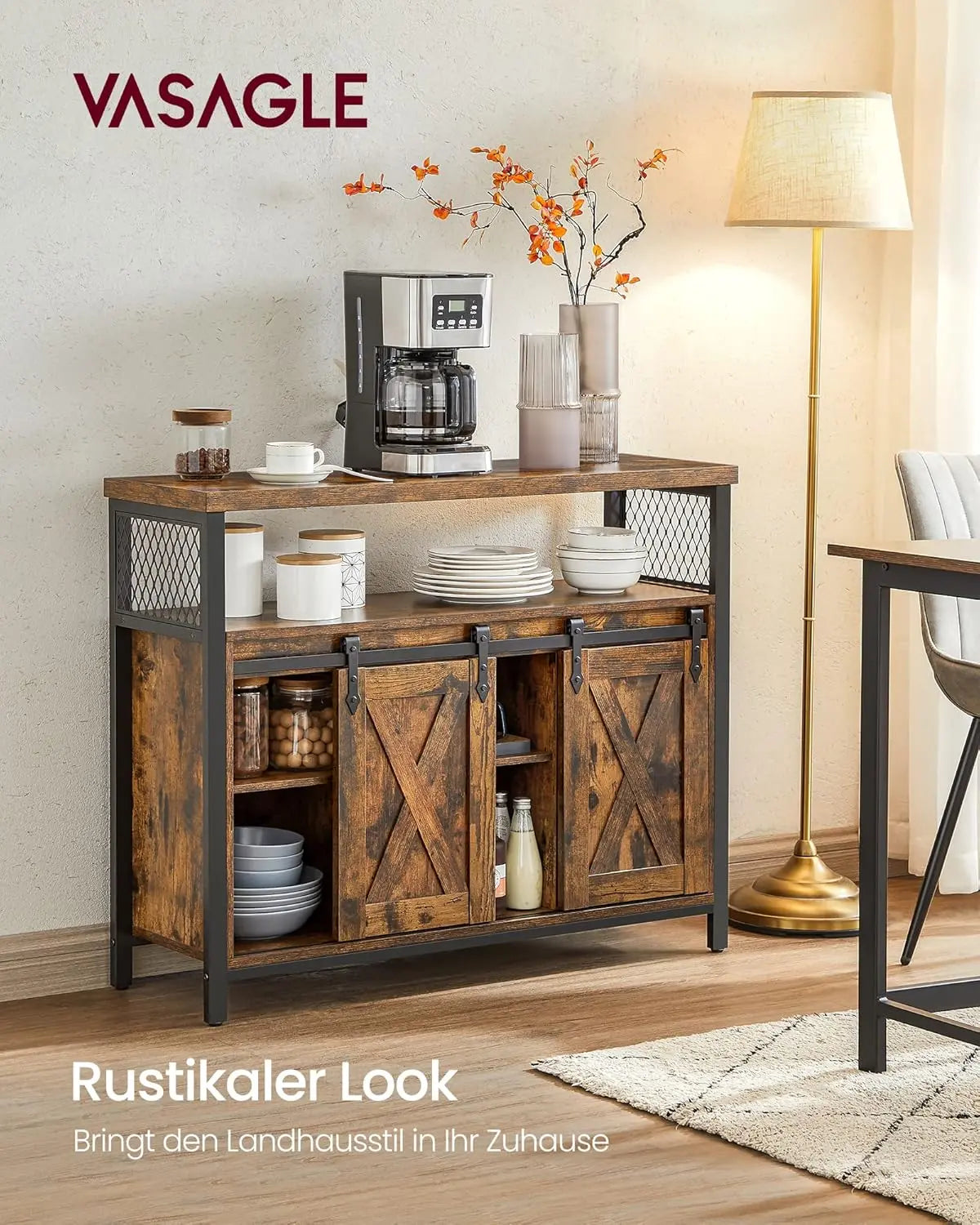 Sideboard Landhausstil Schiebetüren Verstellbare Ablagen Vintagebraun von Songmics