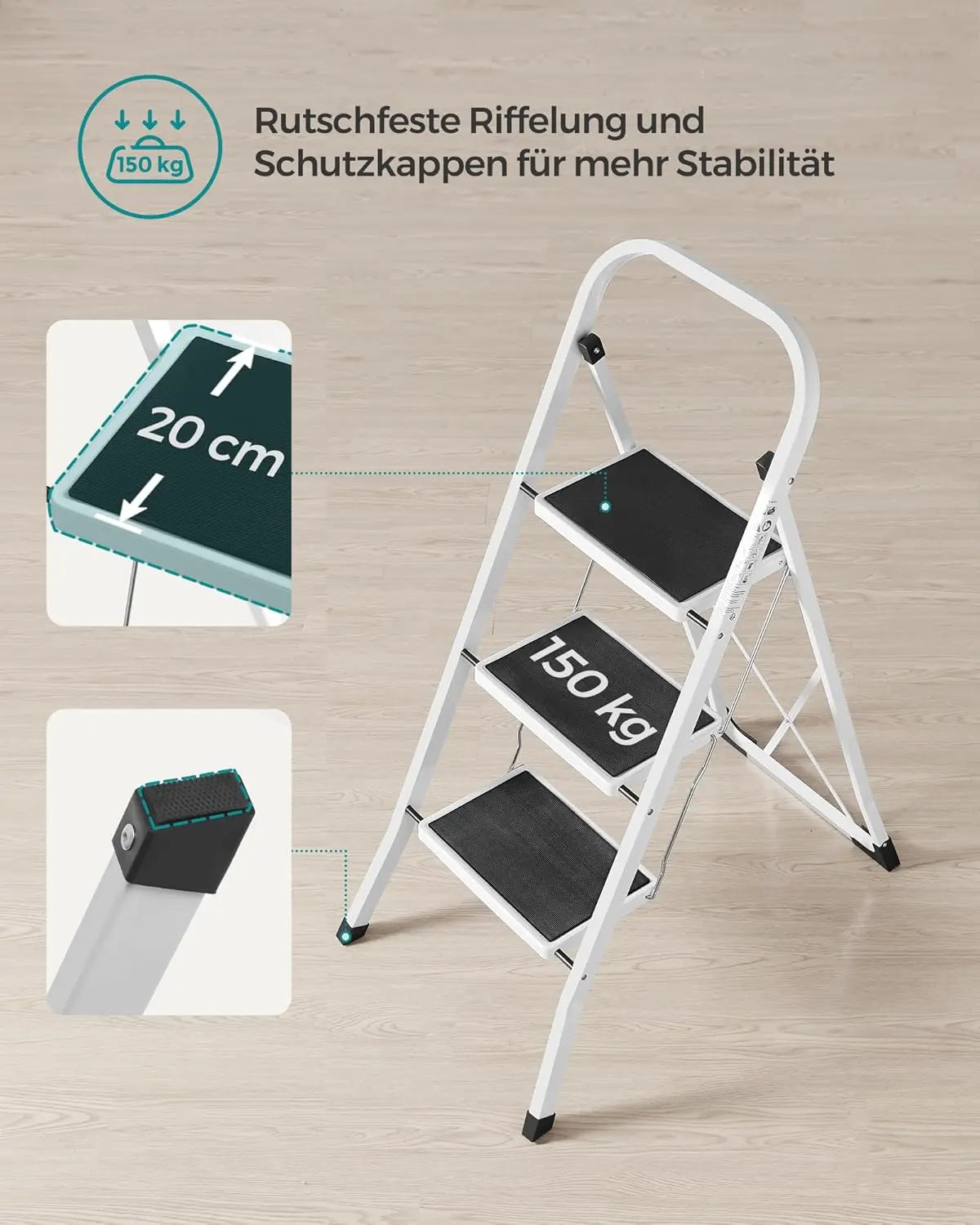 Trittleiter Klappbar 3 Stufen 150kg Weiss von Songmics