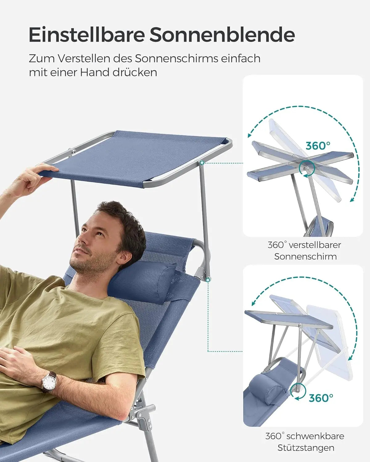 Sonnenliege klappbar mit Kopfkissen 150kg blau Stahl von Songmics