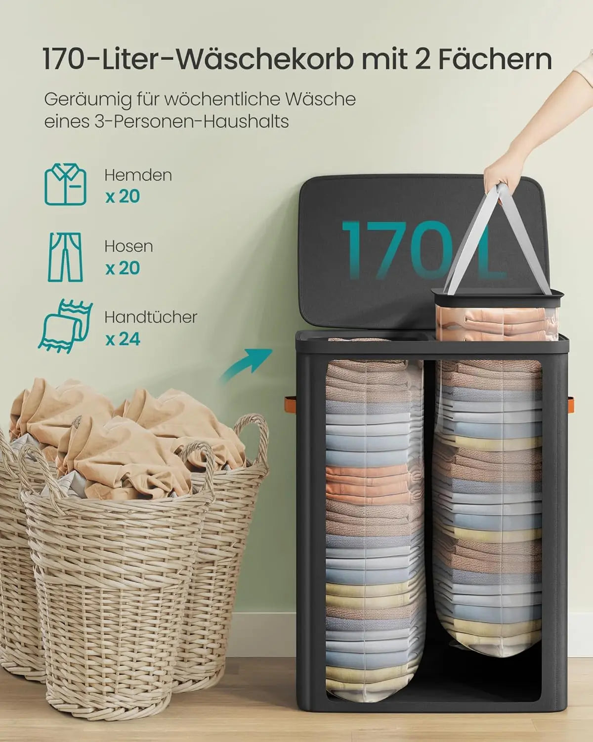 Wäschekorb 170L 2 Fächer Deckel Tintenschwarz von Songmics