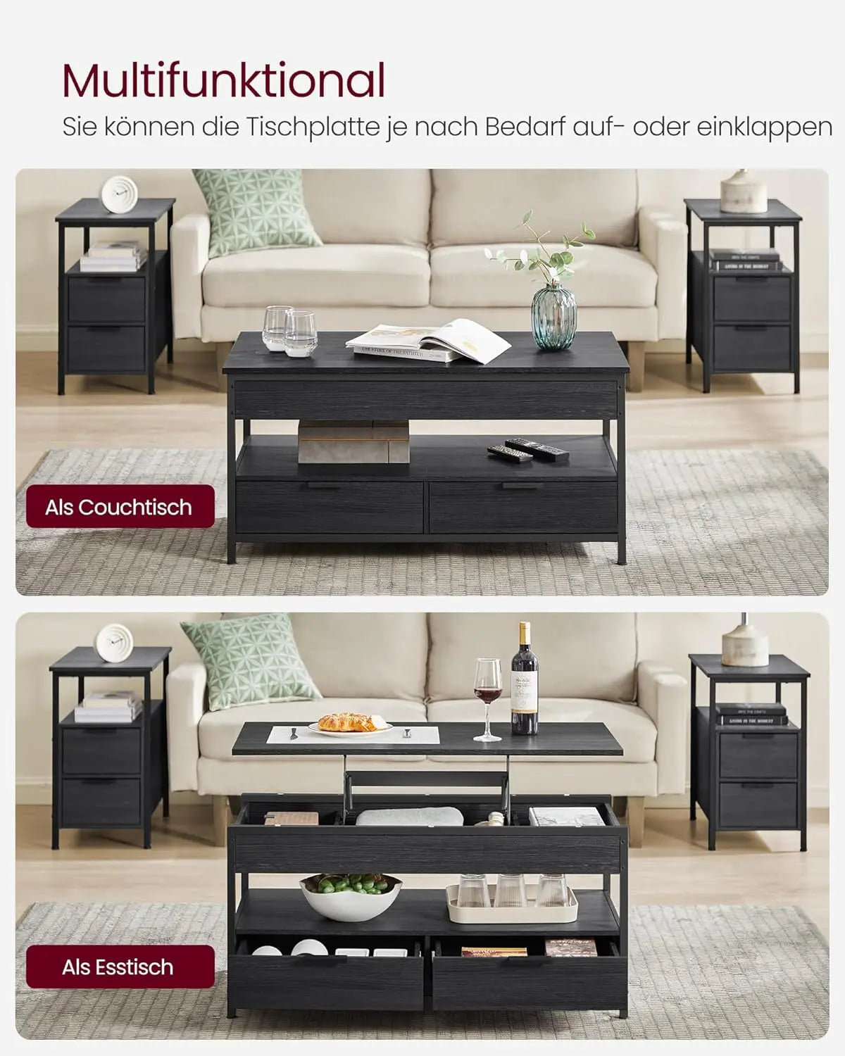 Couchtisch Höhenverstellbar Schubladen Offenes Fach Schwarz von Songmics