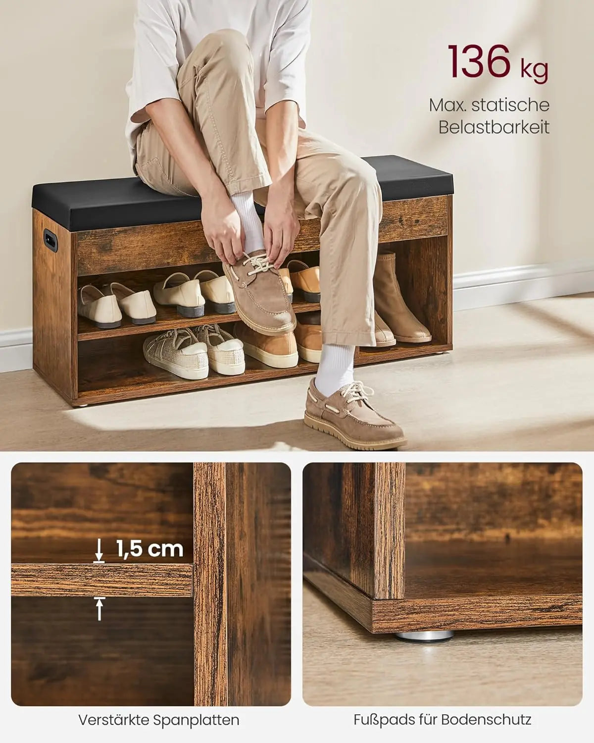 Schuhbank Sitzbank Stauraum gepolstert Vintagebraun von Songmics