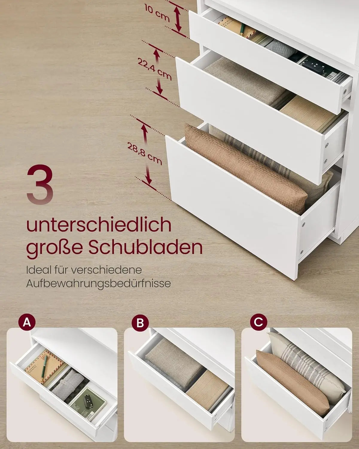 Hochschrank Bücherregal weiss 3 Schubladen Holz von Songmics