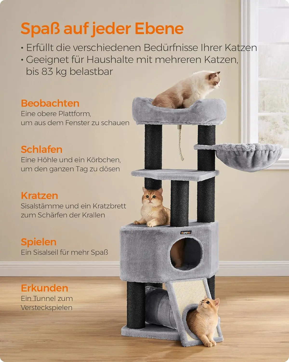 Kratzbaum mit Höhle und Hängematte hellgrau-schwarz von Songmics