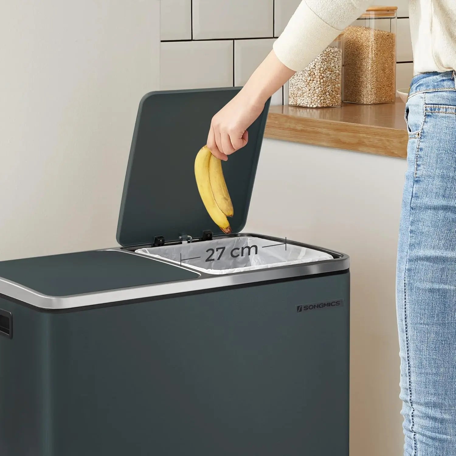 Treteimer 60L Mülltrennsystem grüngrau Metall von Songmics