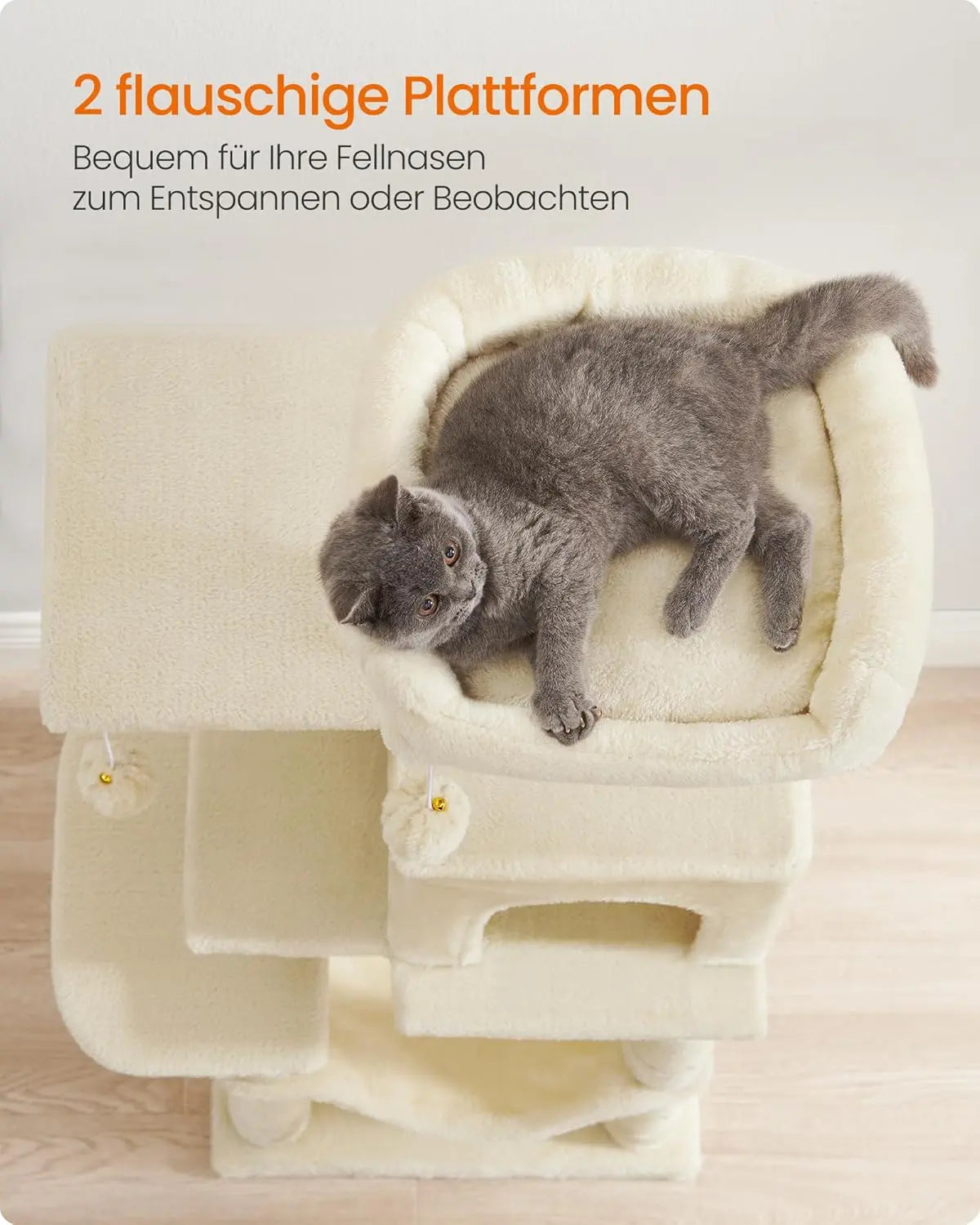 Kratzbaum 112cm Hängematte beige Plüsch von Songmics