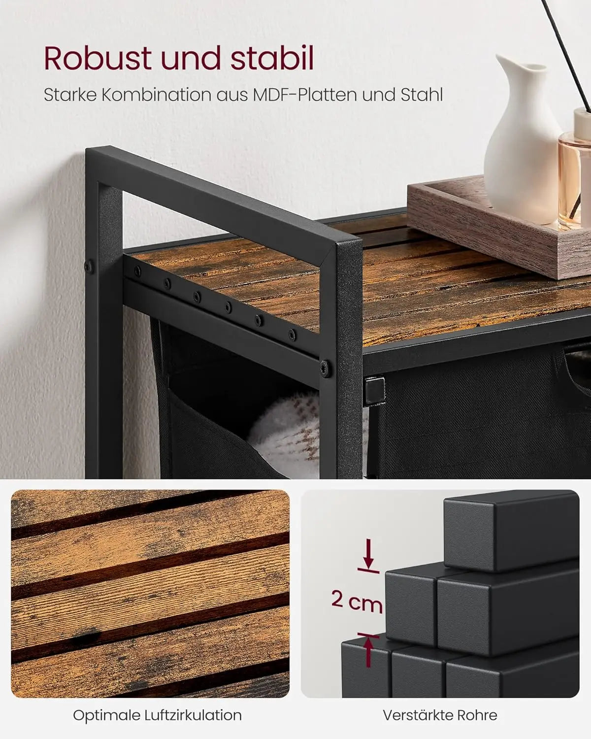 Wäschekorb mit 2 Fächern Ablage, tintenschwarz-vintagebraun von Songmics