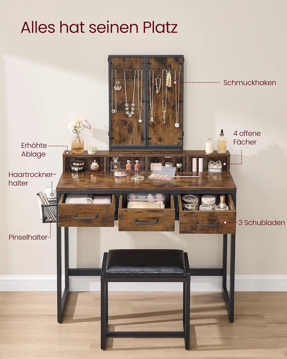 Schminktisch Set mit Hocker rustikal braun von Songmics