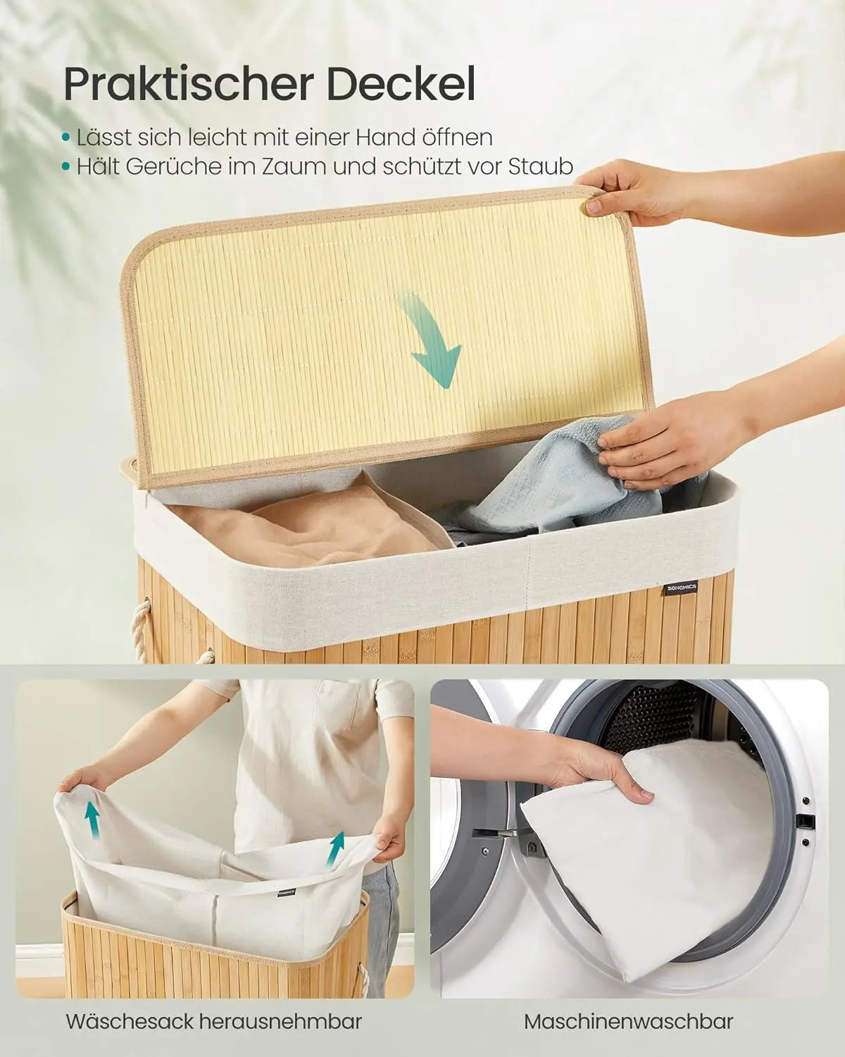 Wäschekorb 100L Bambus 2-Fächer naturfarben von Songmics
