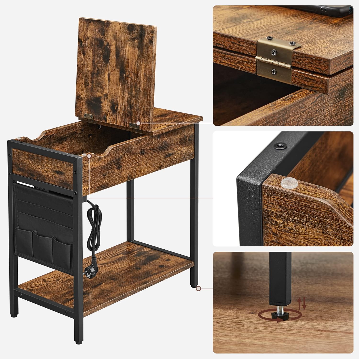 Beistelltisch mit Steckdose USB vintagebraun-schwarz von Songmics
