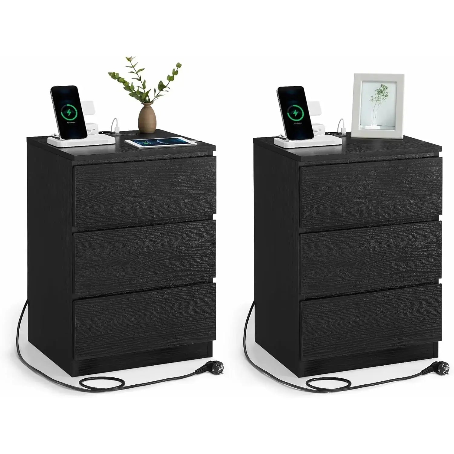 Nachttisch-Set 2 Stück USB Schwarz Holz von Songmics