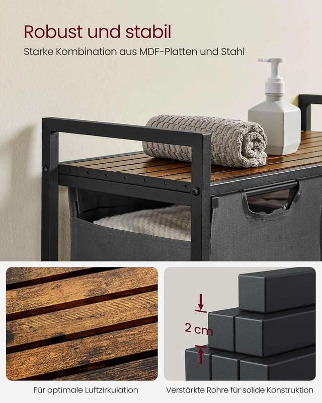 Wäschekorb mit 2 Fächern und Ablage, schiefergrau-vintagebraun von Songmics