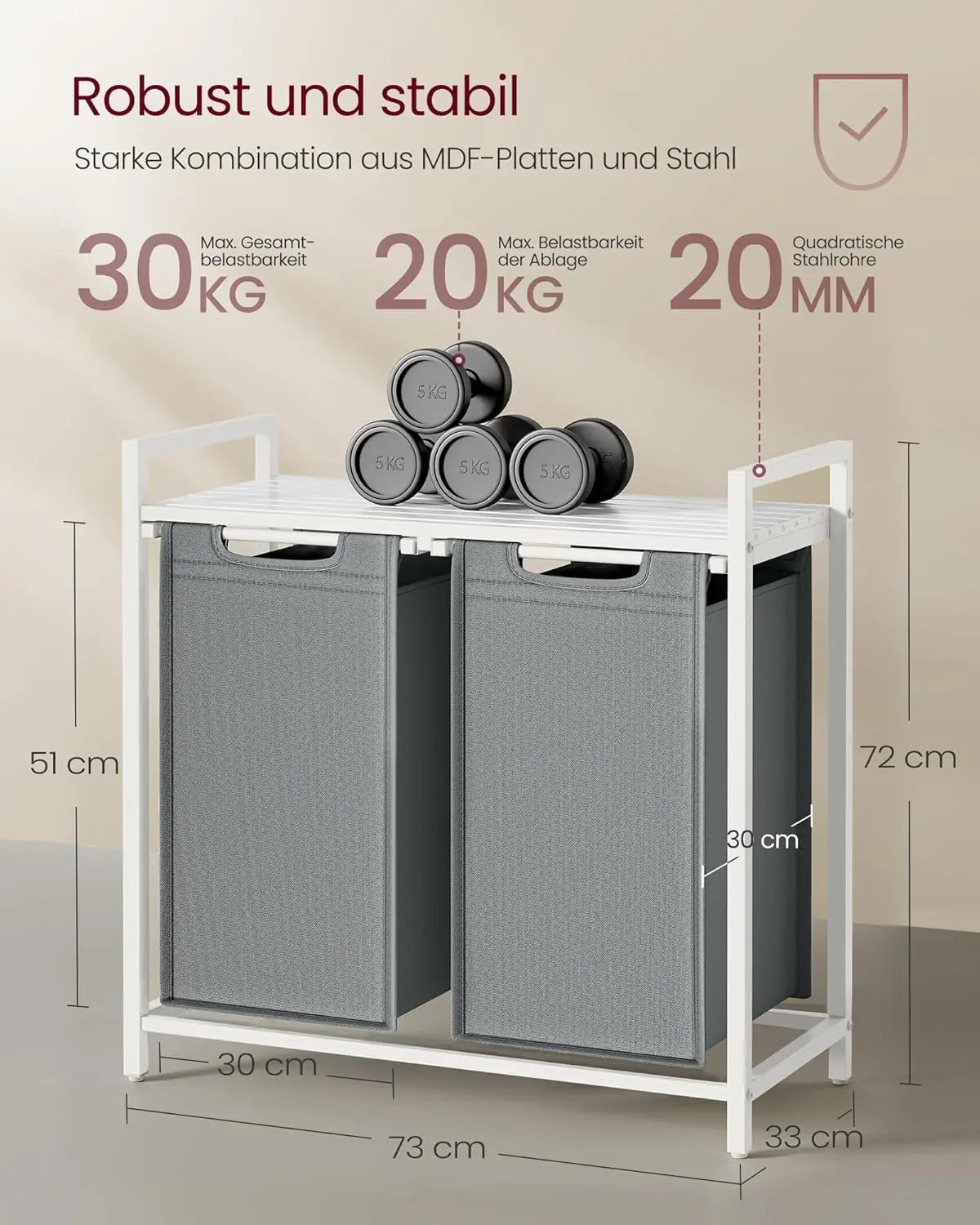 Wäschekorb mit 2 Fächern und Ablage, schiefergrau-mattweiss von Songmics