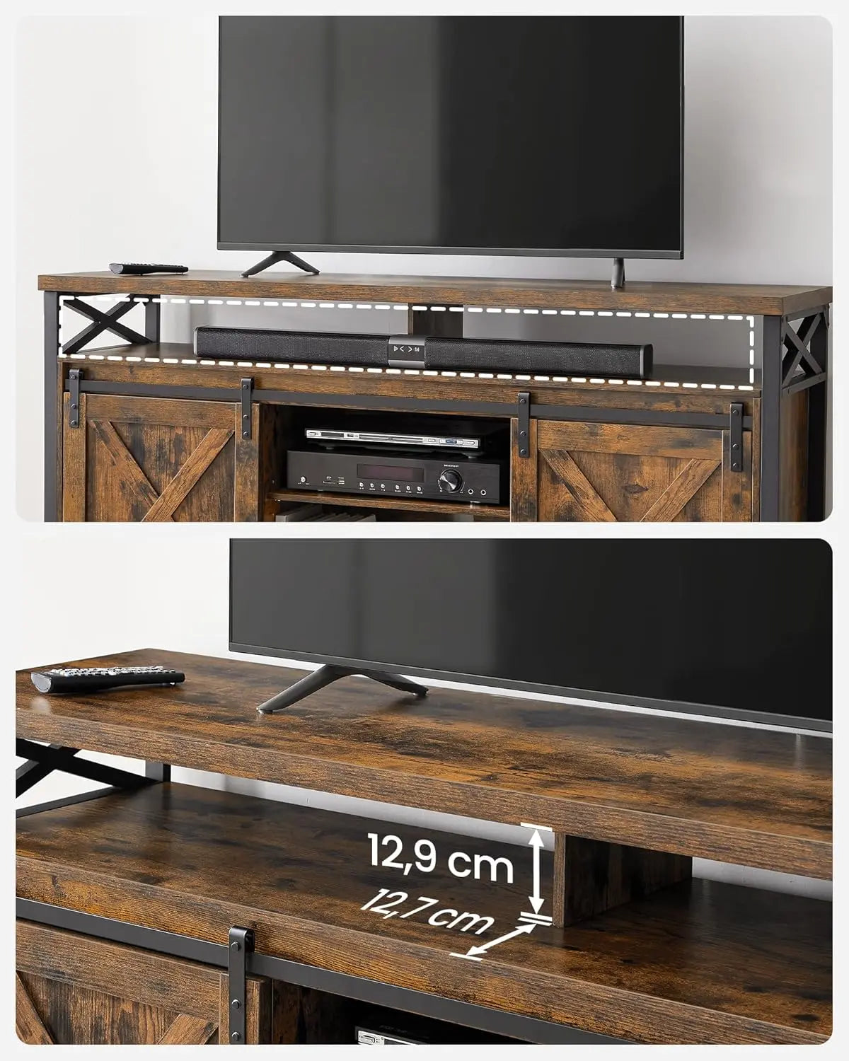 TV-Lowboard Rustikal Scheunentüren Braun Metall von Songmics