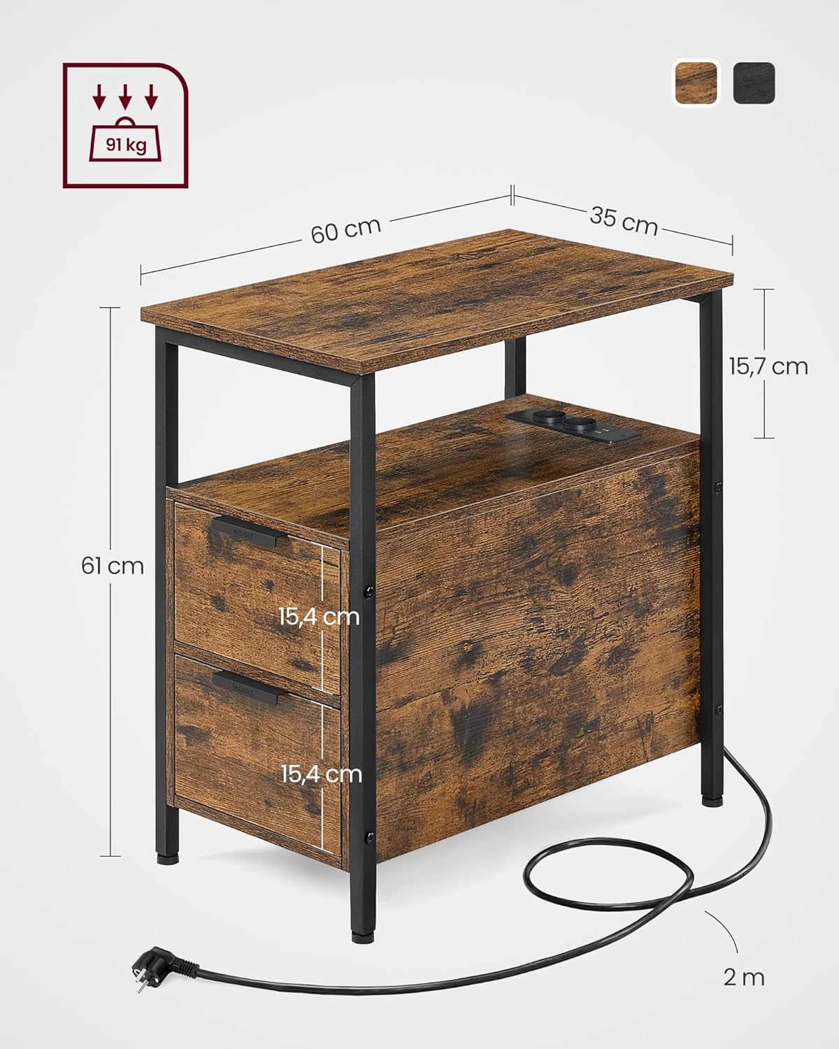 Beistelltisch mit Steckdosenleiste Vintagebraun-Schwarz von Songmics