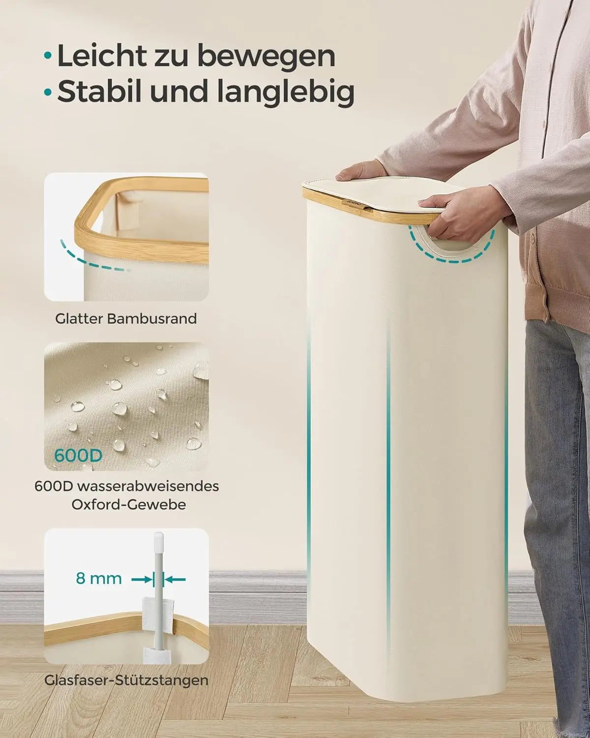 Wäschekorb 65L Bambus cremeweiss Oxford von Songmics