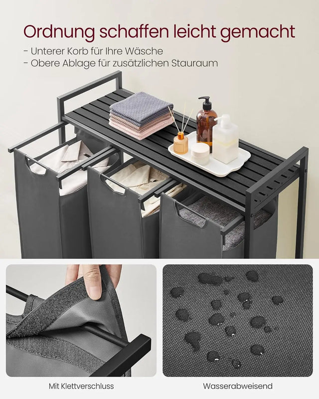 Wäschekorb mit 3 Fächern und Ablage, schiefergrau-anthrazitgrau von Songmics