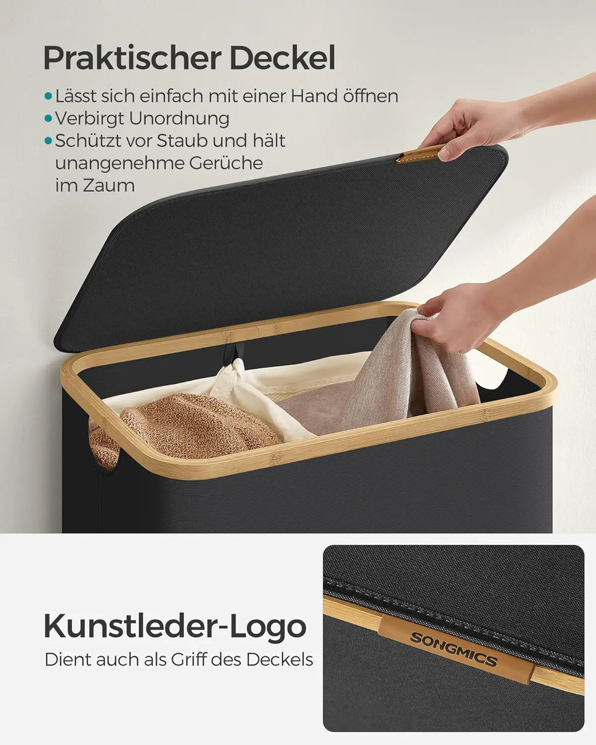Wäschekorb 2 Fächer Bambus Griffe Schwarz von Songmics