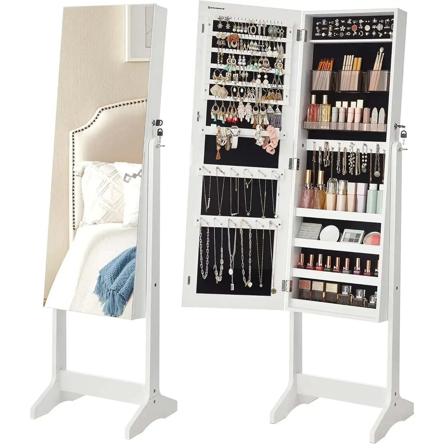 Schmuckschrank Spiegelschrank Stehend Make-up Organizer Weiss von Songmics