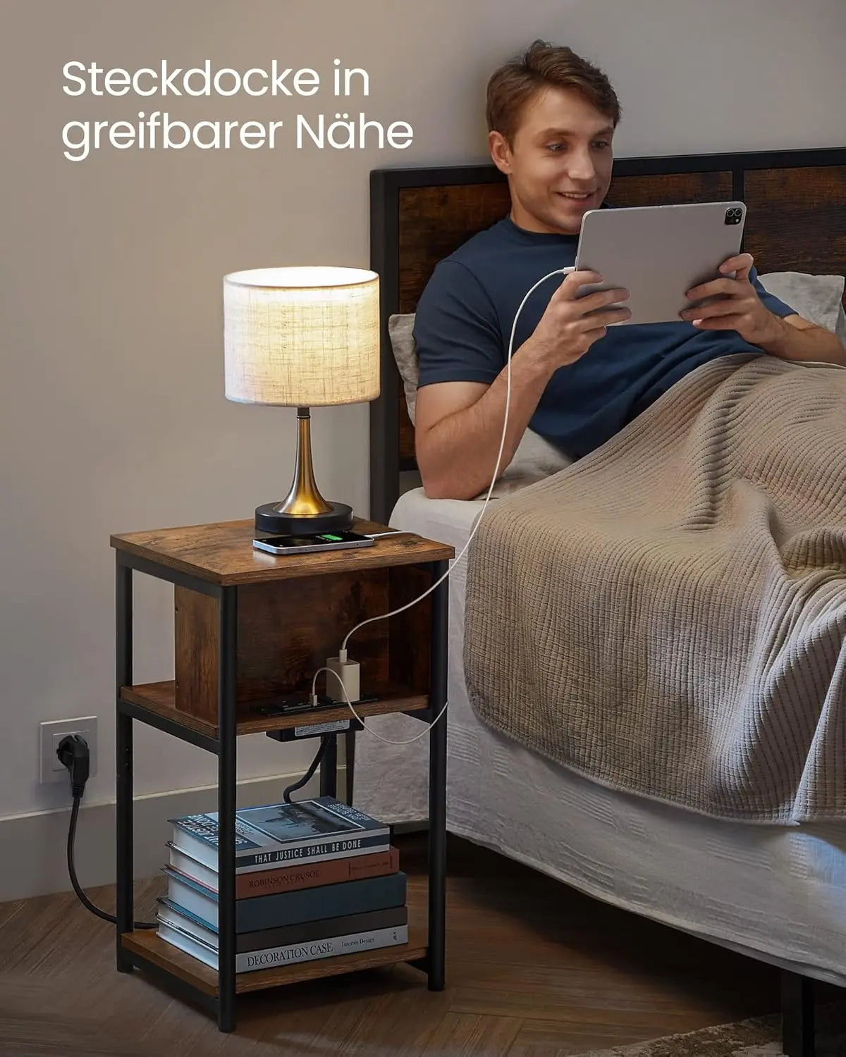 Beistelltisch mit Steckdose Vintagebraun-Schwarz von Songmics