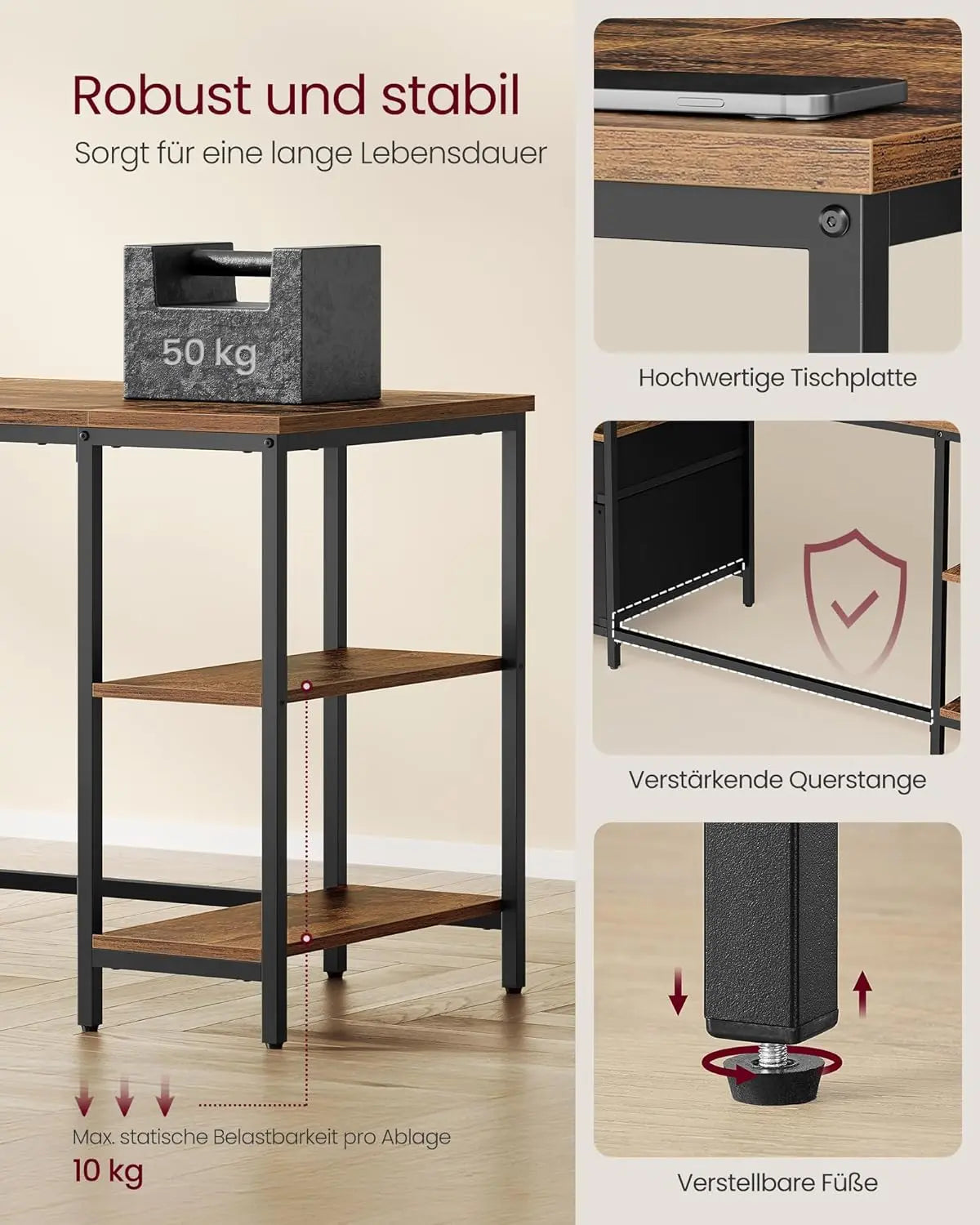 Schreibtisch 160cm Ablagen vintagebraun Holz von Songmics