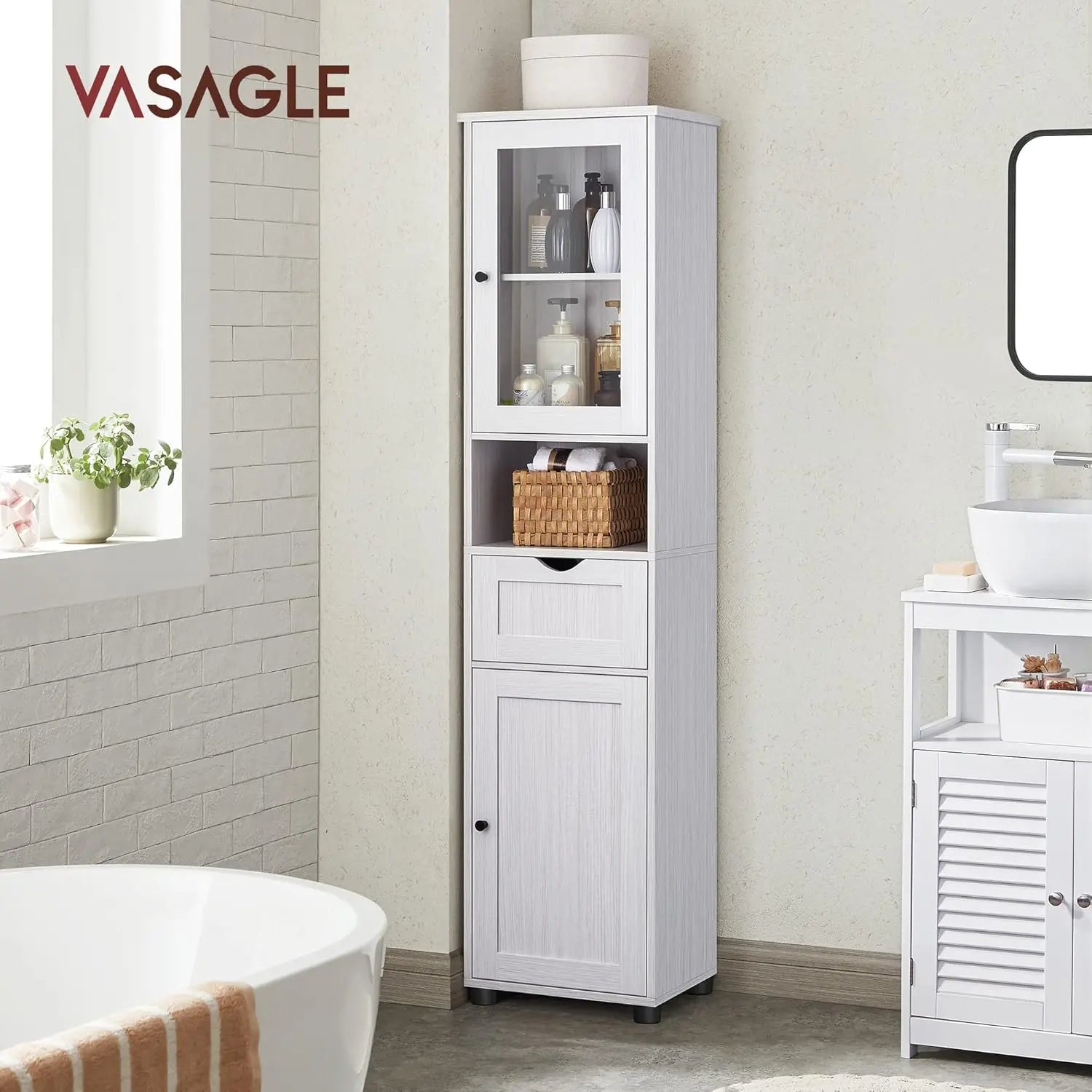 Badezimmerschrank Hochschrank Glastür Ahornweiss von Songmics