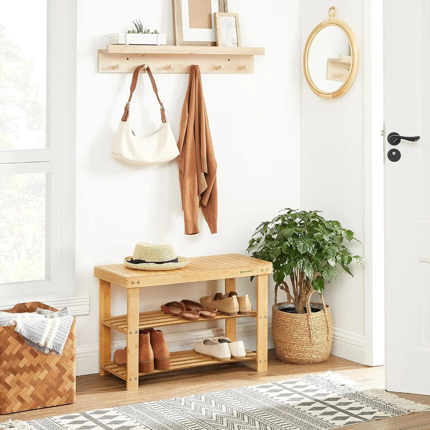 Schuhregal Bambus Sitzbank mit Ablagen Naturfarben von Songmics