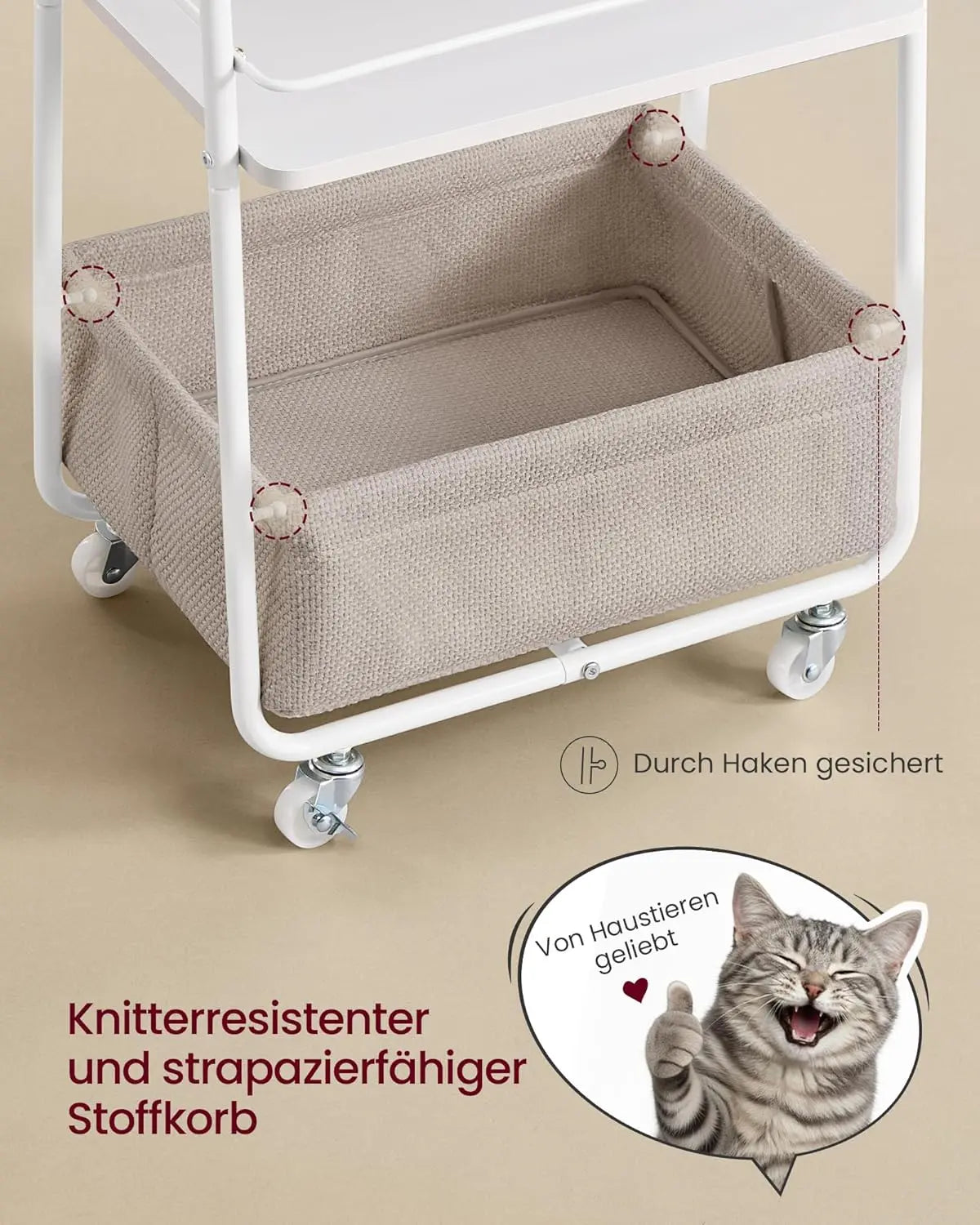 Rollwagen mit Stoffkorb 3 Ebenen Wolkenweiss von Songmics