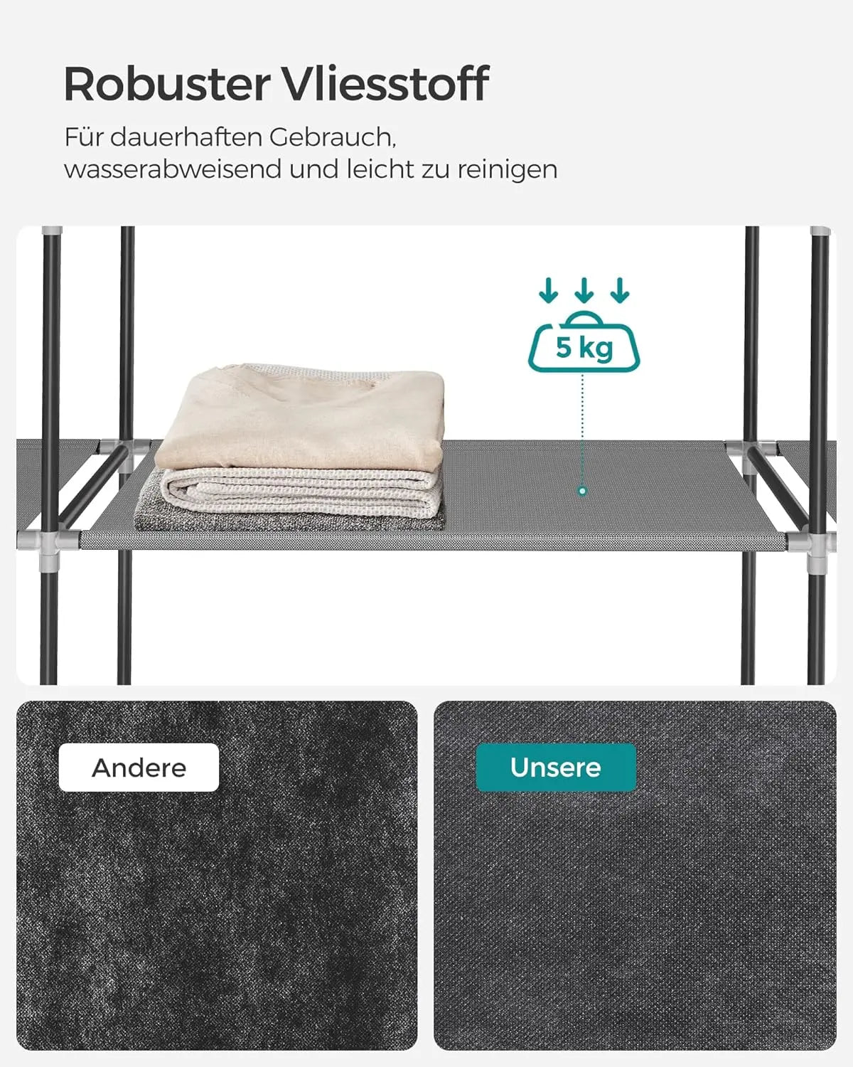 Stoffschrank 170cm grau 4 Hängefächer von Songmics