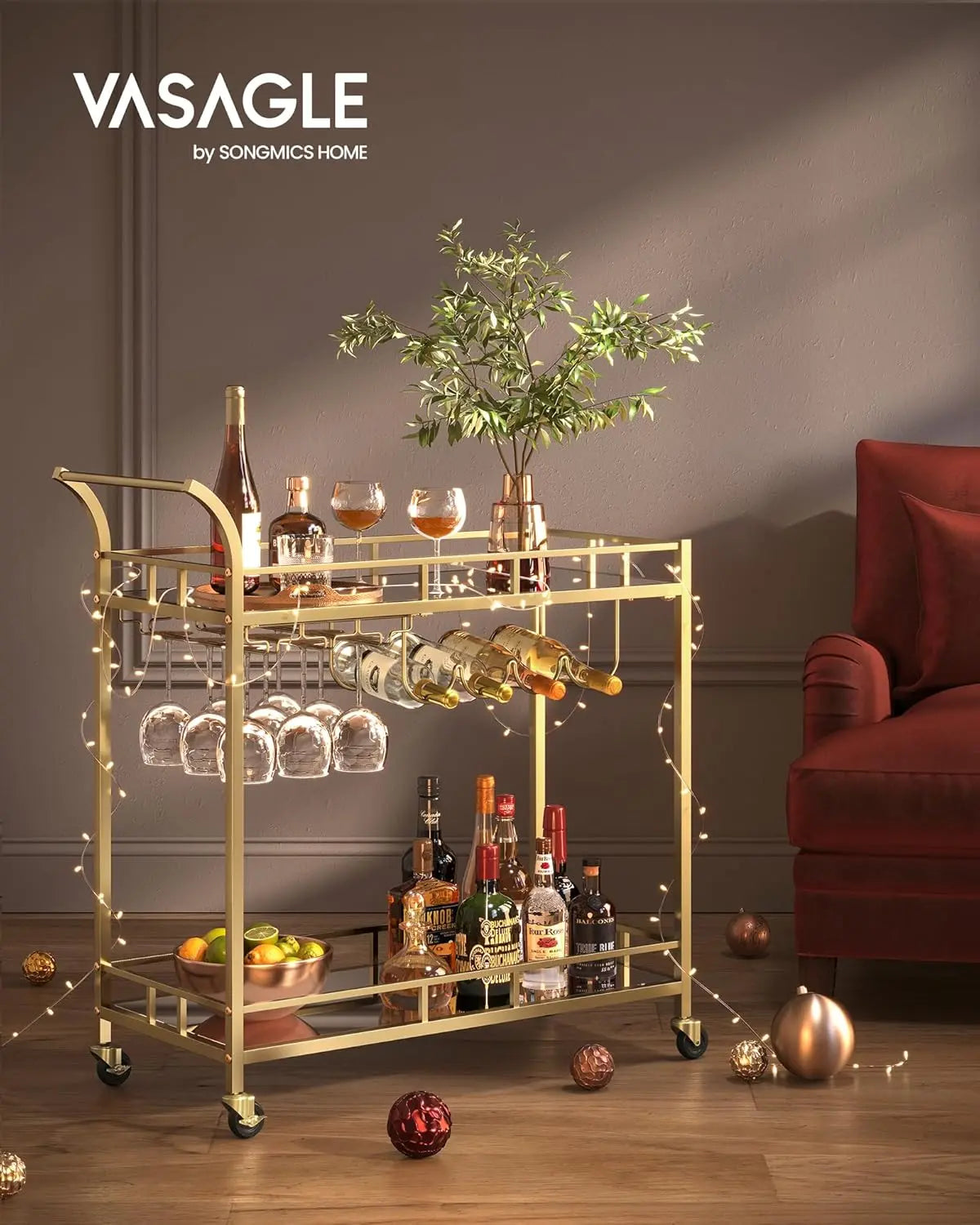 Servierwagen mit Gläserhalter und Glasablagen goldfarben von Songmics