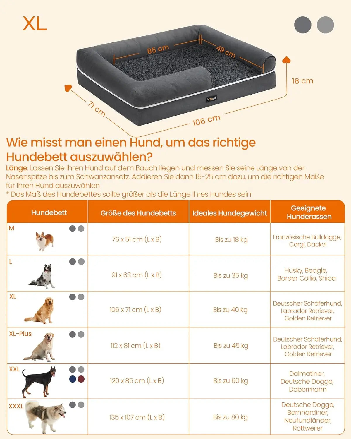 Hundebett orthopädisch waschbar dunkelgrau 106cm von Songmics