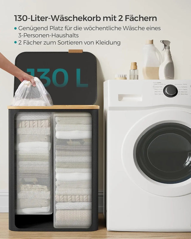 Wäschekorb 2 Fächer Bambus Griffe Schwarz von Songmics