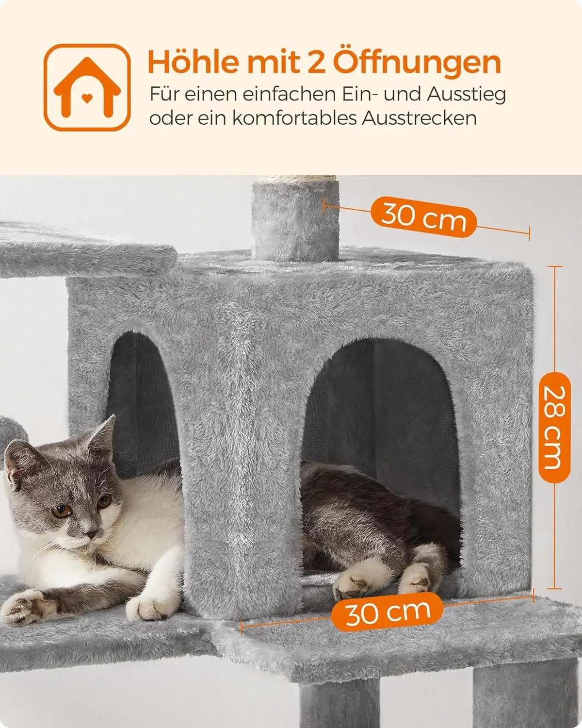 Kratzbaum Katzenhaus mit Hängematte hellgrau von Songmics