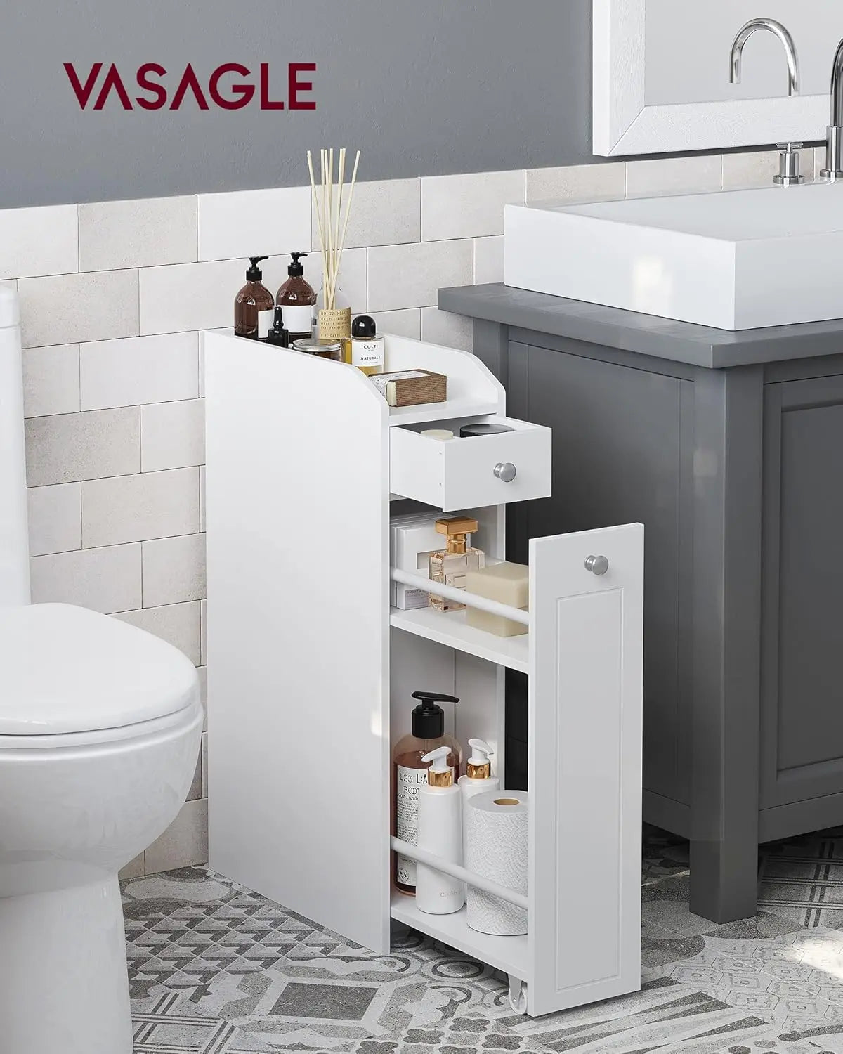 Badezimmerschrank schmal mit Schubladen weiss von Songmics