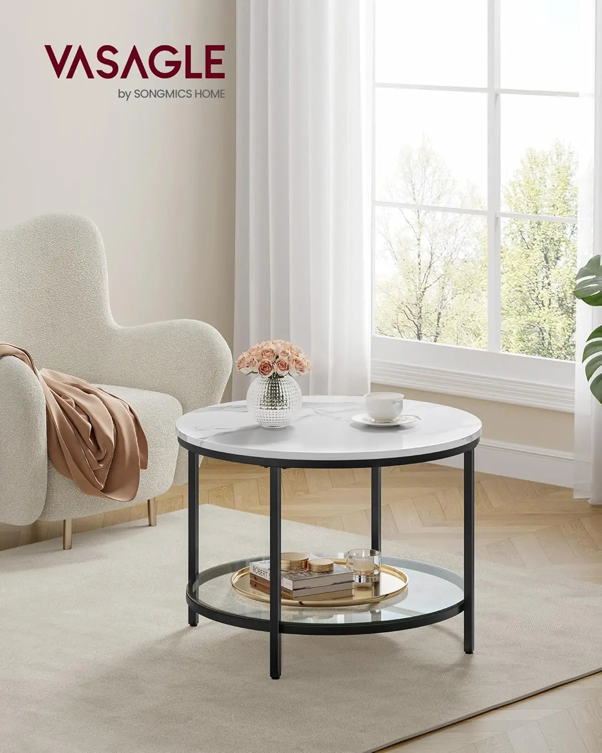 Couchtisch Marmor-Optik Weiss Glas Schwarz von Songmics