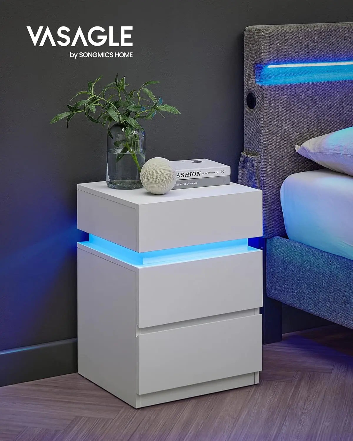 Nachttisch LED-Beleuchtung 3 Schubladen Weiss von Songmics