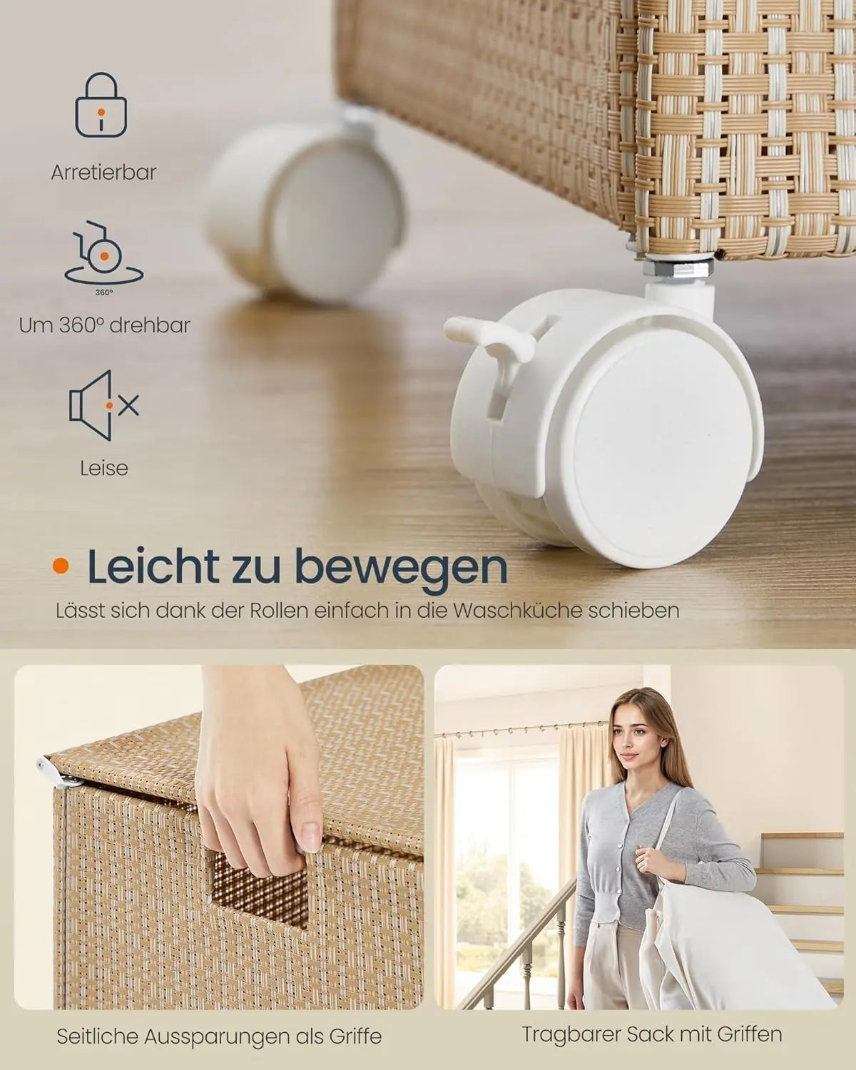 Wäschekorb Rattan-Optik 3 Fächer Naturbeige von Songmics