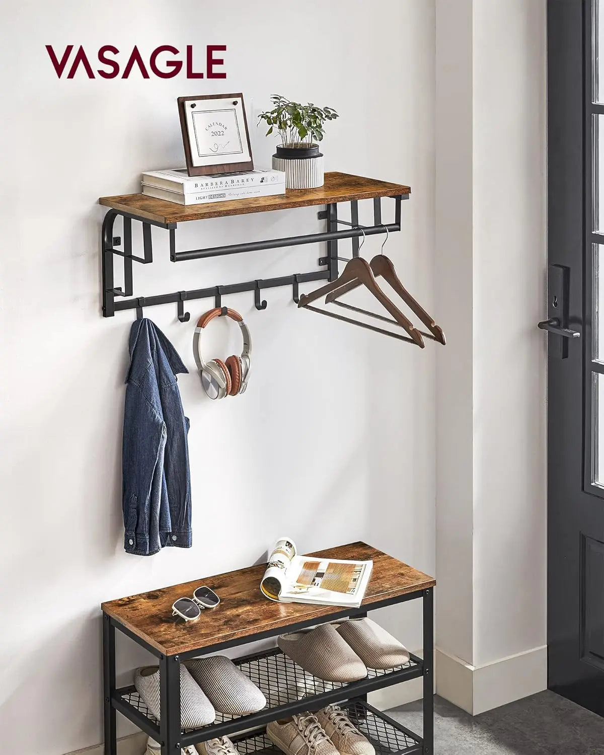 Wandgarderobe mit Aufbewahrungsregal 66cm rustikal Braun von Songmics