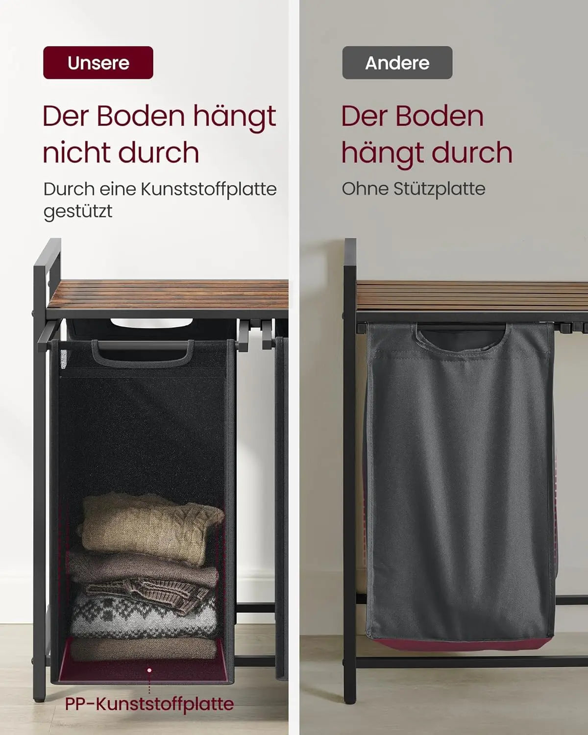 Wäschekorb mit 2 Fächern und Ablage, schiefergrau-vintagebraun von Songmics