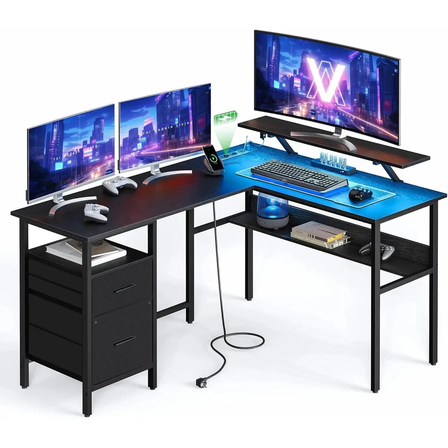 Eckschreibtisch LED USB Schwarz Holz von Songmics