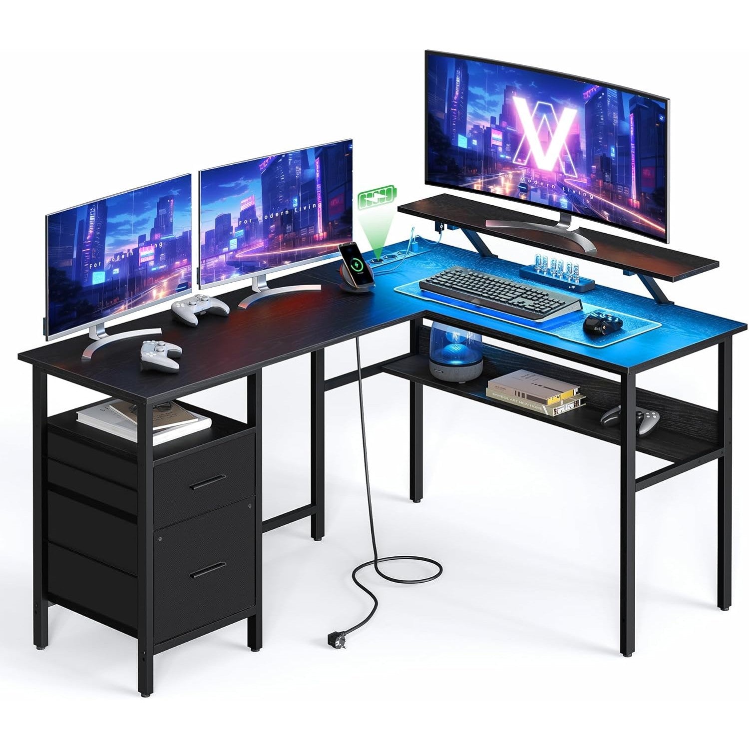 Eckschreibtisch LED USB Schwarz Holz von Songmics
