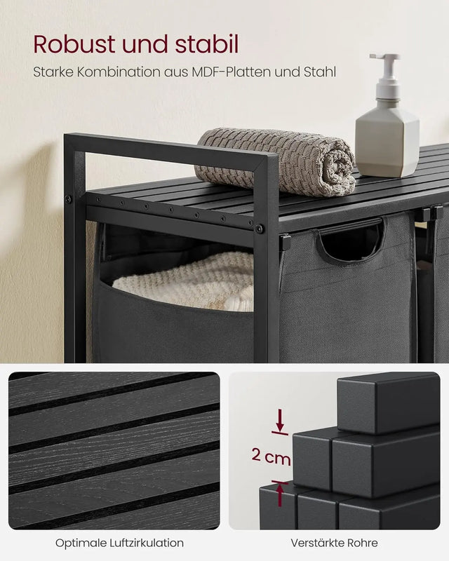 Wäschekorb mit 3 Fächern und Ablage, schiefergrau-anthrazitgrau von Songmics